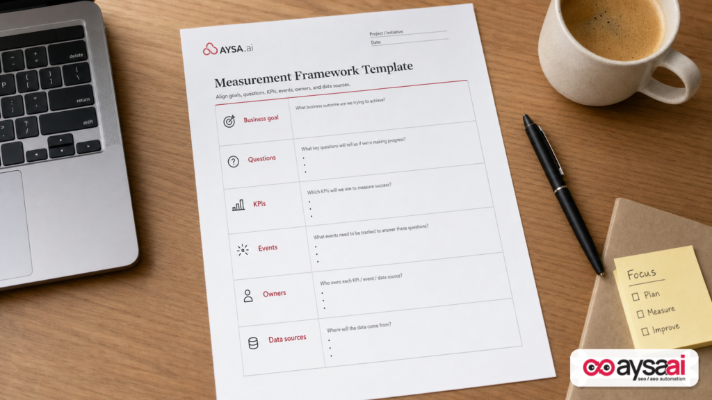 One-page measurement framework template on a desk beside a laptop.