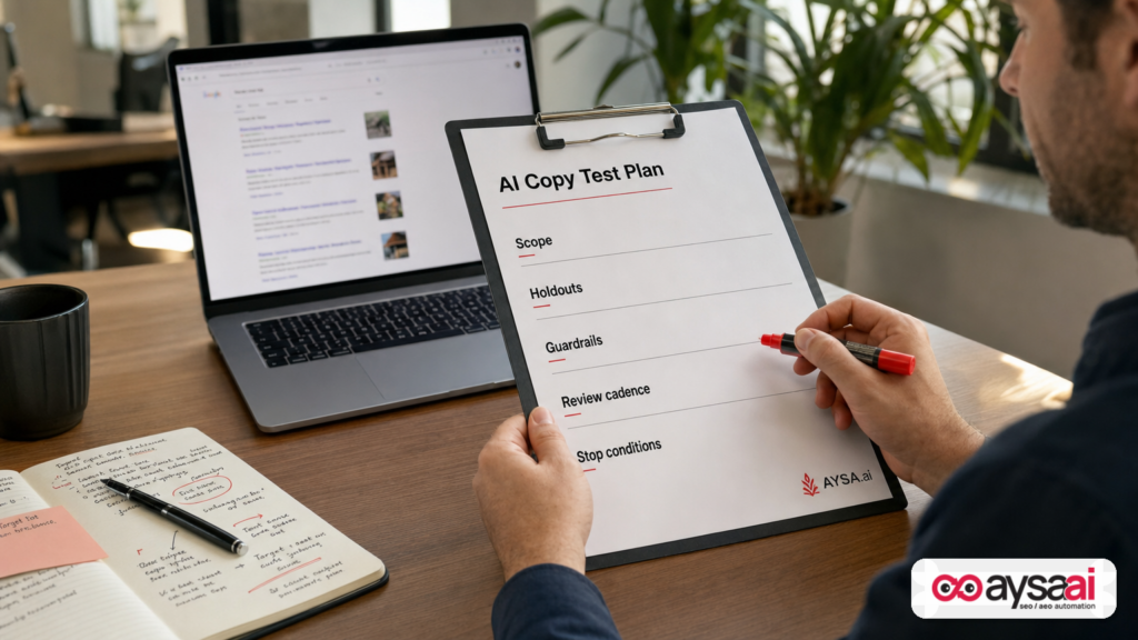 One-page test plan with guardrails and stop conditions for AI-generated ad copy