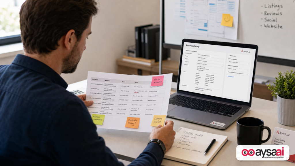 Operations manager auditing multi-location business information for consistency.