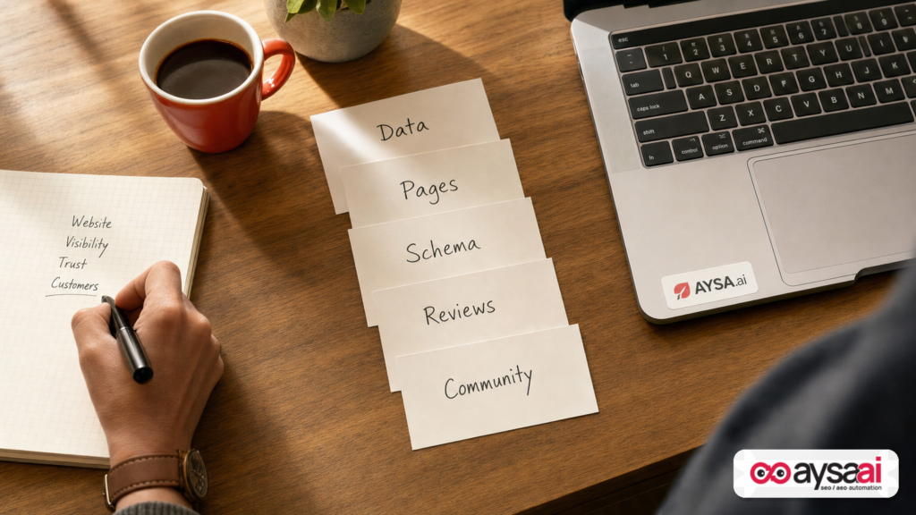 Ordered cards representing the AI local visibility stack: data, pages, schema, reviews, community.