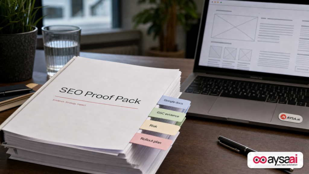 Organized SEO proof packet with tabs for documentation, data, risk, and rollout plan.