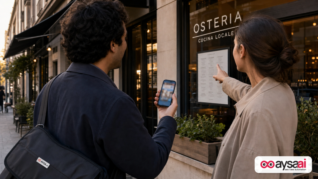 People outside a restaurant using a phone to decide where to eat, showing how local discovery starts on social video.