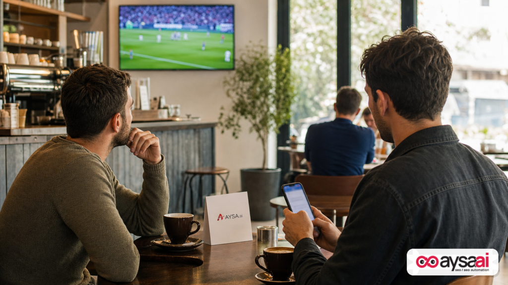 People watching a live sports match while searching on a phone, illustrating second-screen search behavior.