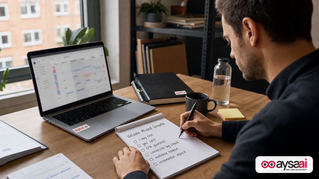 Performance marketer creating a checklist to validate missed growth estimates with controlled tests.