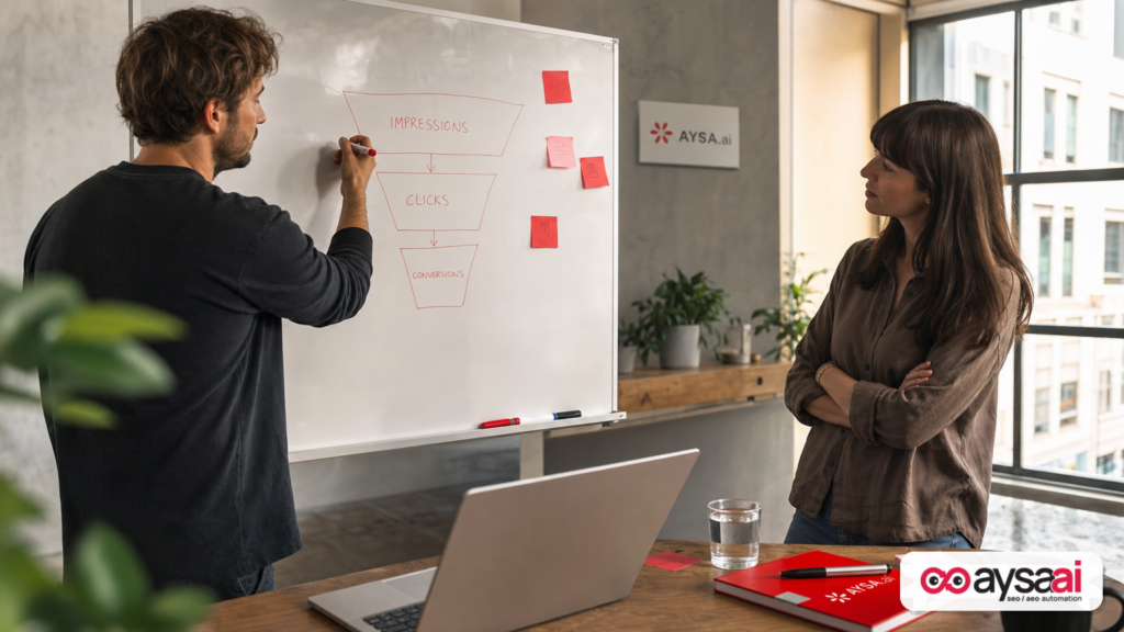 Performance marketer explaining impressions, clicks, and conversions on a whiteboard