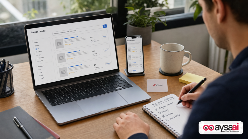 Person researching a buying decision across laptop and phone with a checklist of steps