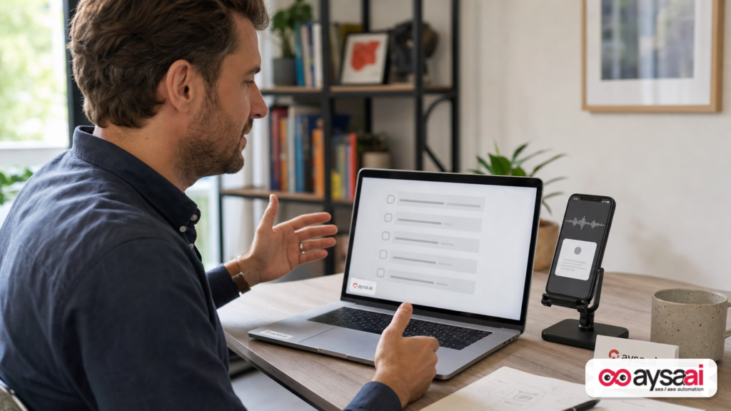 Person using voice assistant on a phone while reviewing a checklist on a laptop