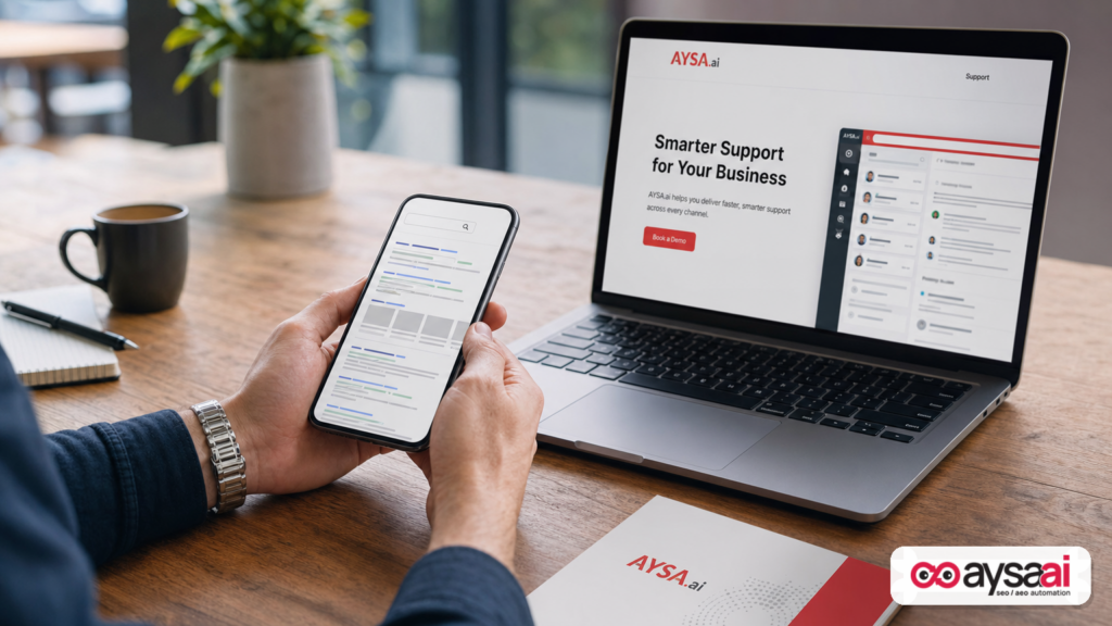 Phone and laptop showing consistent brand identity between an ad-style snippet and landing page header.