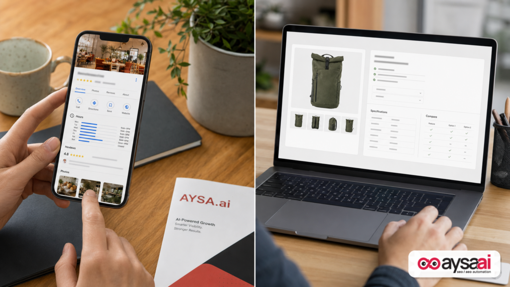 Phone and laptop showing generic local listing and product info panel concepts side by side.