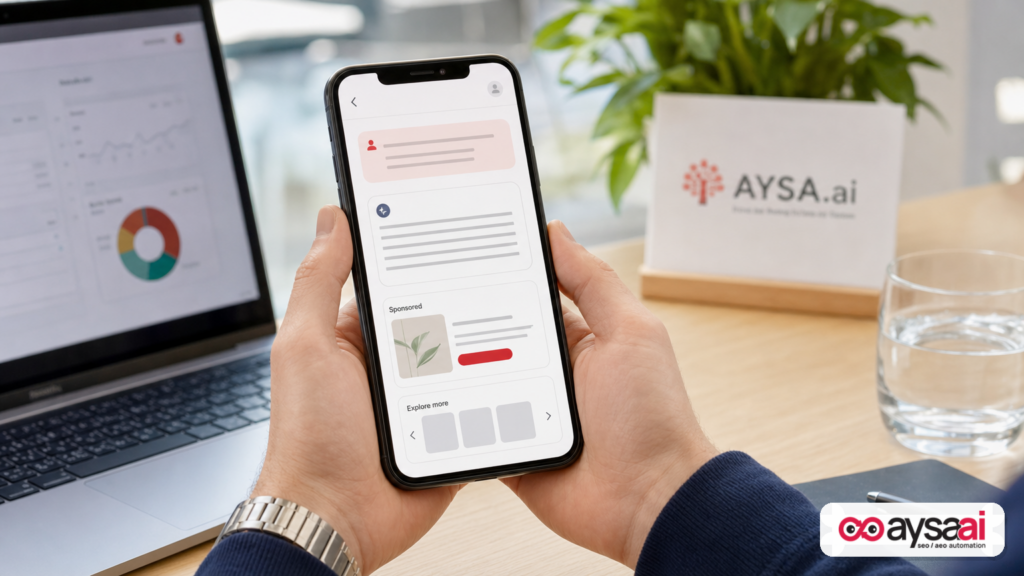 Phone displaying a generic AI chat interface with separate areas for answers and a sponsored card.