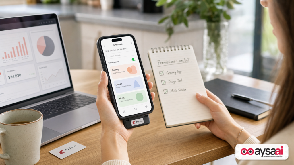 Phone displaying a generic AI search interface with a connected apps toggle and permission notes.