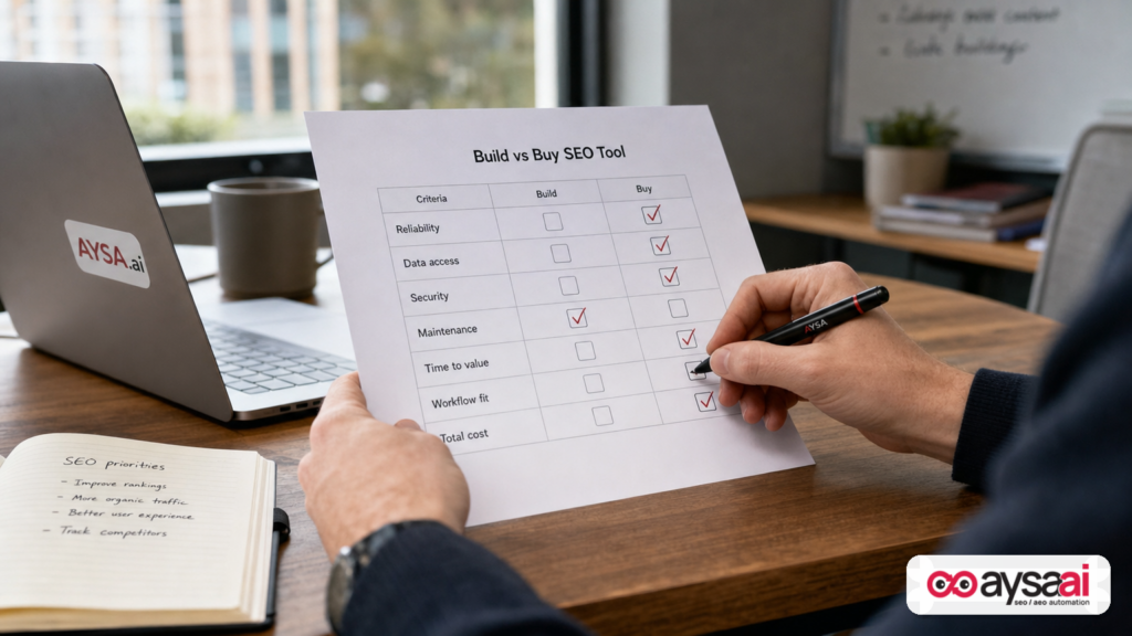 Printed build-versus-buy decision matrix for SEO automation with checkboxes being filled out.