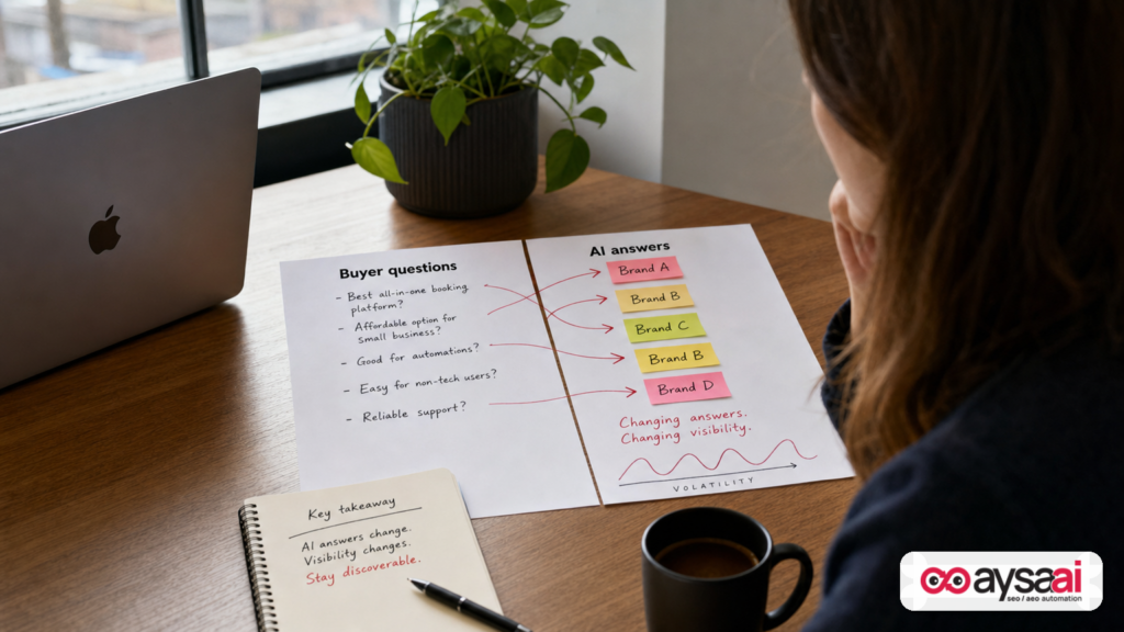 Printed buyer-question sheets with sticky notes showing how AI answers can change by prompt.