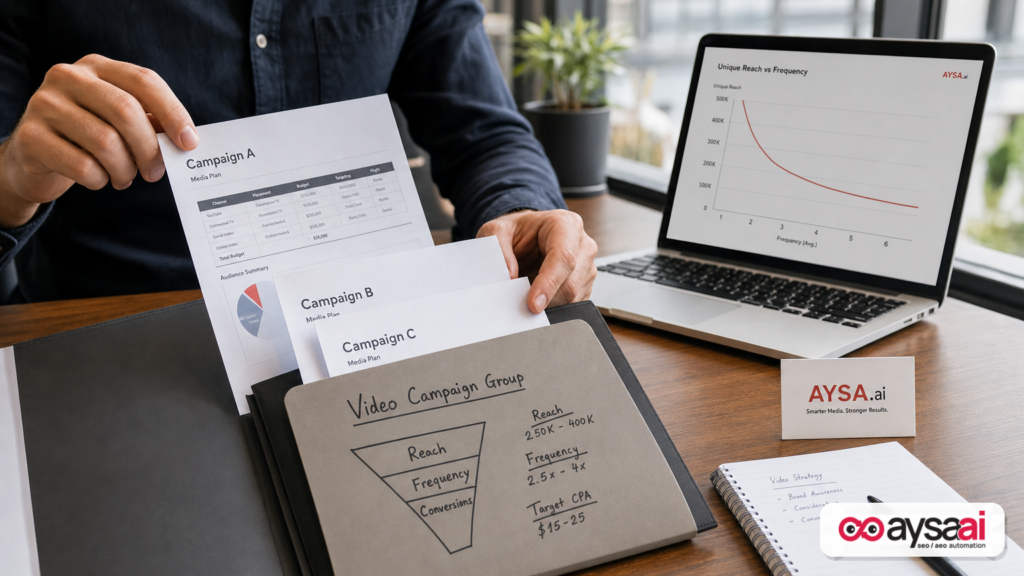 Printed campaign plans being organized into a single video campaign group concept with reach and frequency notes.