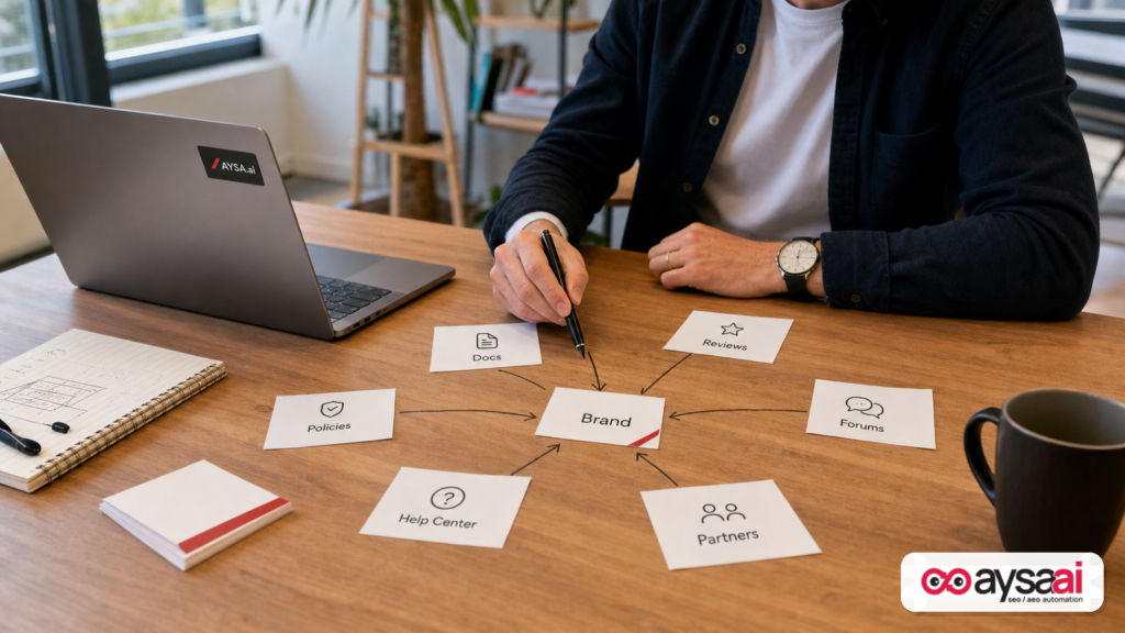 Printed cards representing the many online surfaces that influence AI recommendations beyond a company website.