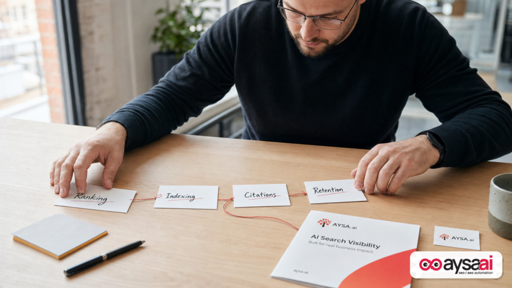 Printed cards showing the shift from rankings to indexing, citations, and retention as AI search metrics.