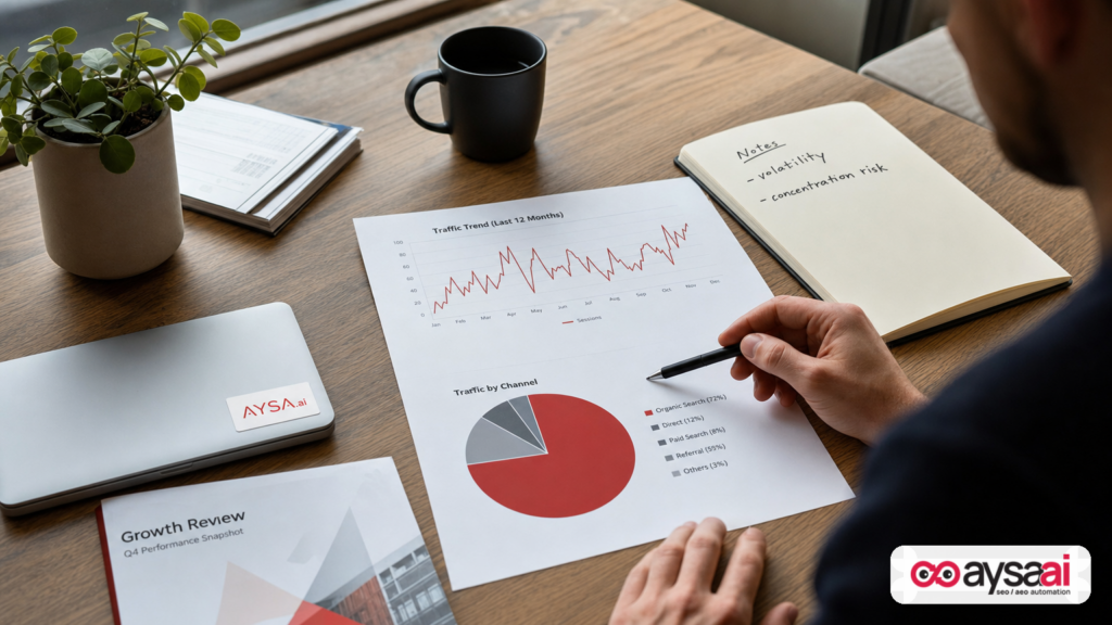 Printed charts illustrating volatile AI referral traffic and platform concentration risk on a marketer’s desk.