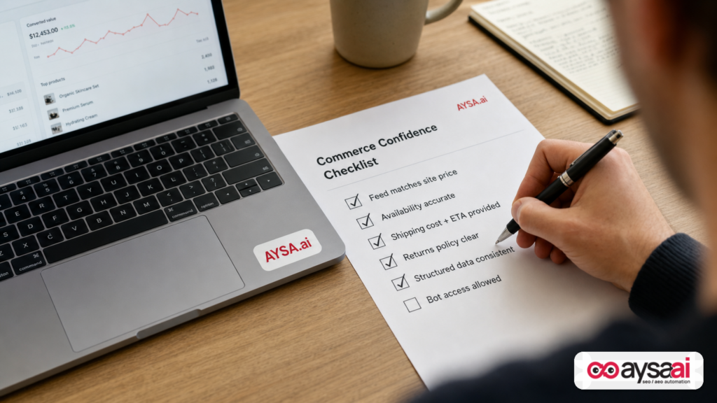 Printed checklist highlighting confidence signals like accurate price, availability, shipping, and consistent structured data.