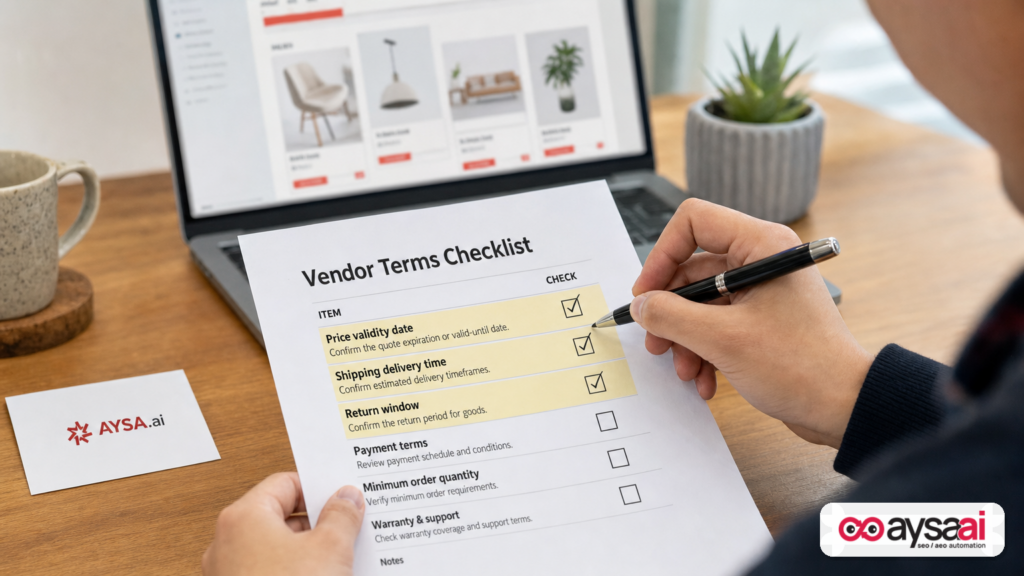 Printed checklist highlighting price validity, shipping time, and return window as key product data fields.