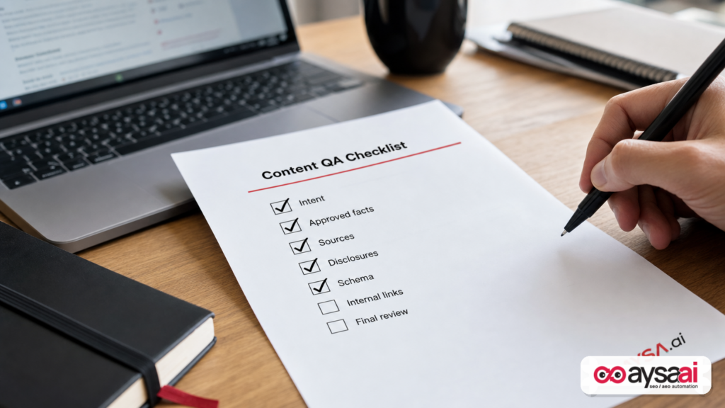 Printed checklist used to create structured, reviewable content designed to avoid ambiguous or risky phrasing.