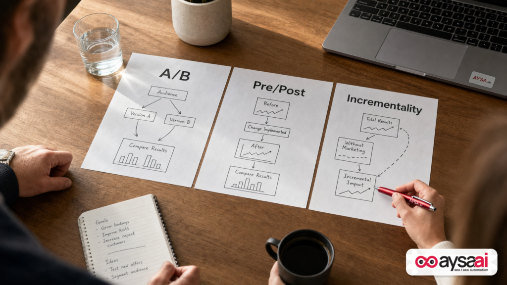 Printed comparison of A/B, pre/post, and incrementality testing models on a desk.