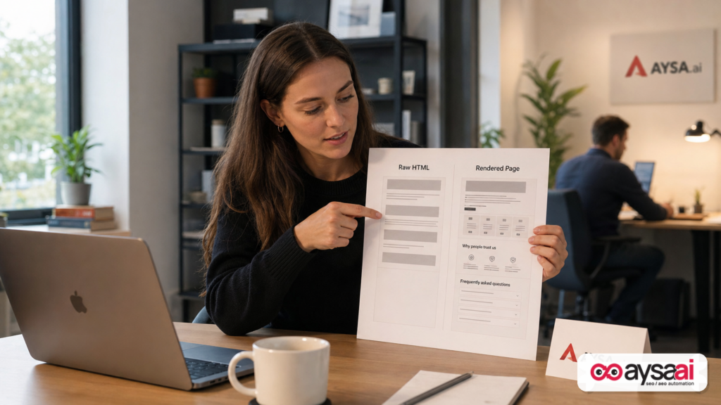 Printed comparison showing sparse raw HTML content versus a complete browser-rendered page in a small business workspace.
