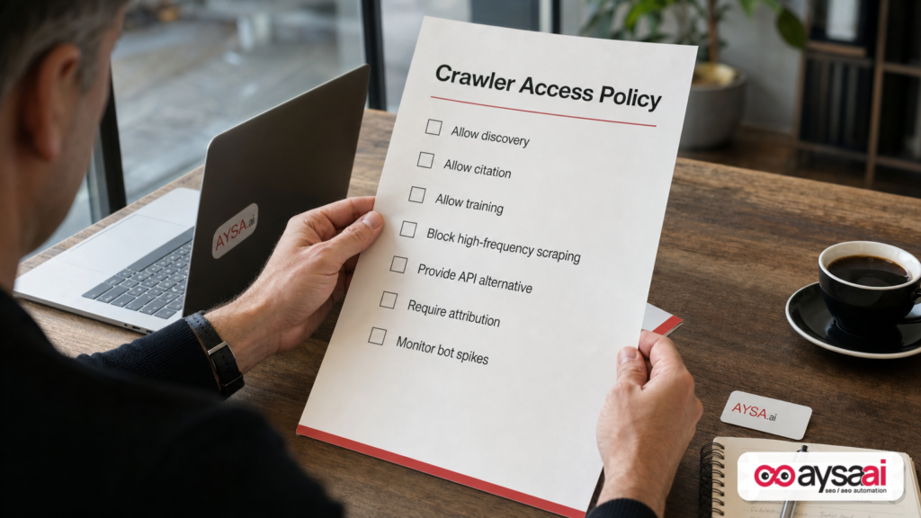 Printed crawler access policy checklist held by a business owner.