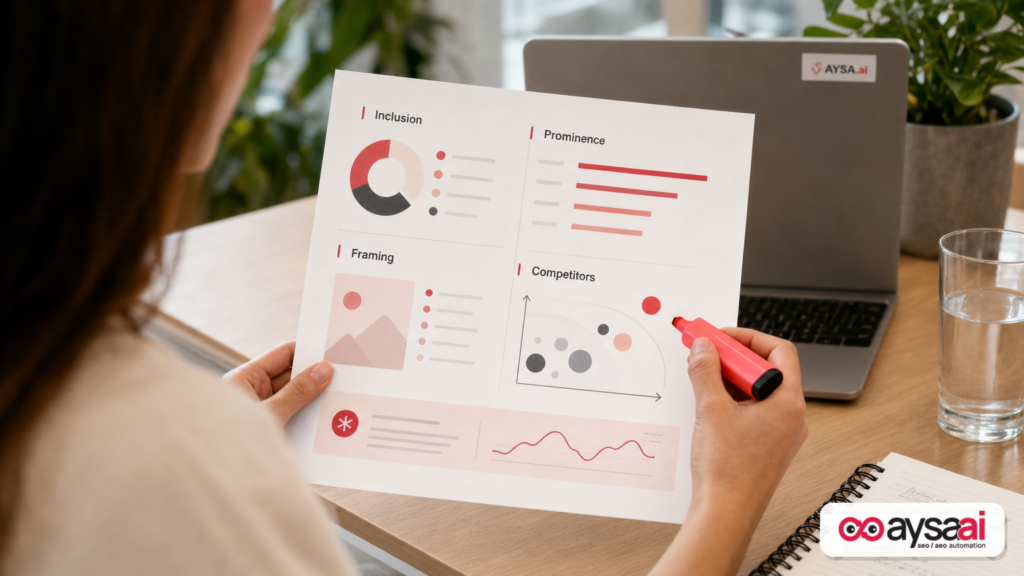Printed dashboard mock highlighting AI visibility metrics like inclusion and prominence.