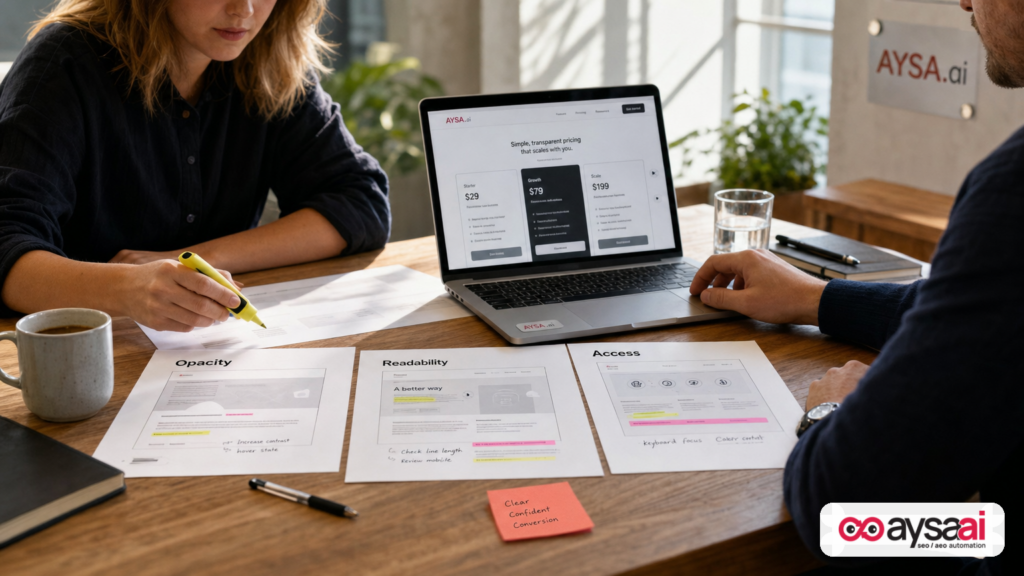Printed diagnostic sheets for opacity, machine readability, and access friction beside a laptop during a website audit.