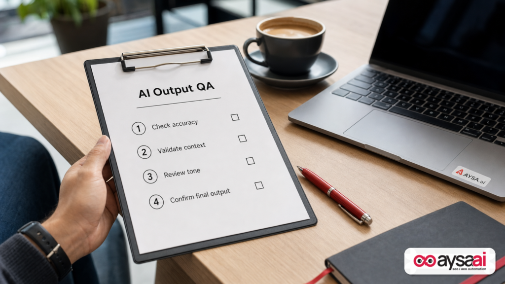 Printed four-step QA checklist next to a laptop on a clean desk.