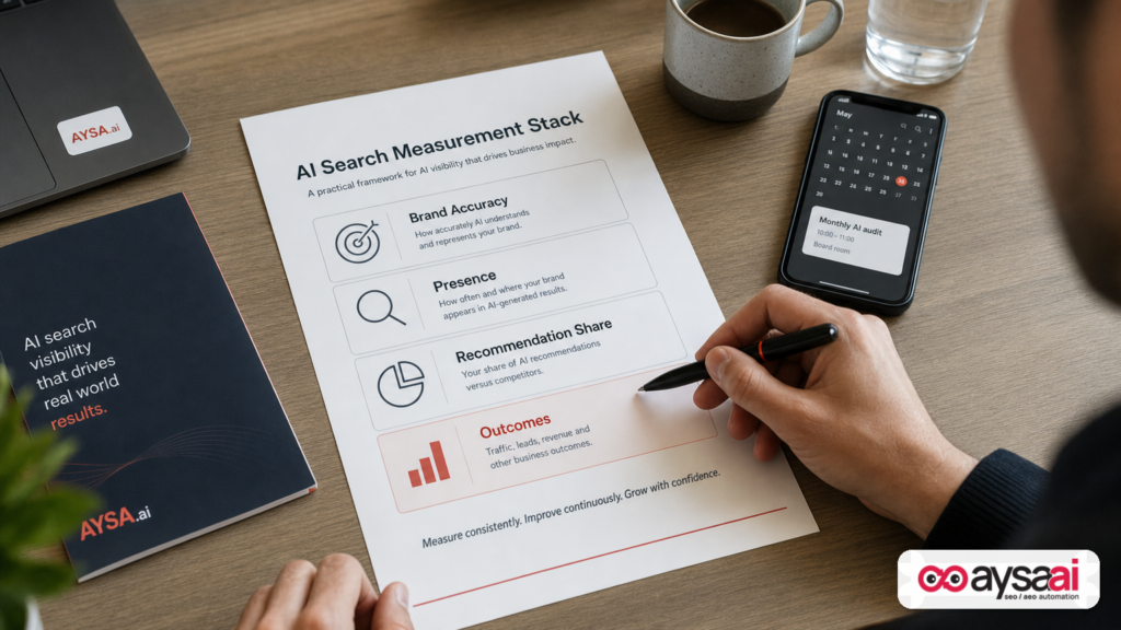Printed framework showing four AI search measurement layers from accuracy to outcomes.