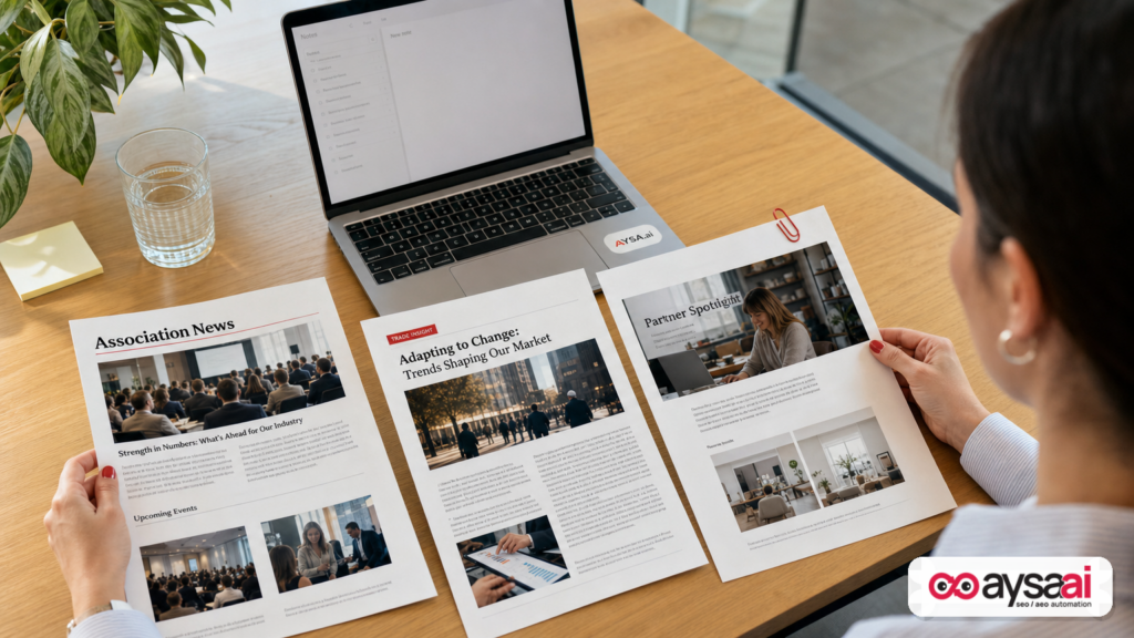 Printed industry placements and a laptop representing digital PR inputs for AI search visibility.