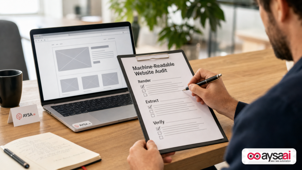 Printed machine-readable website audit checklist with sections for rendering, extraction, and verification.