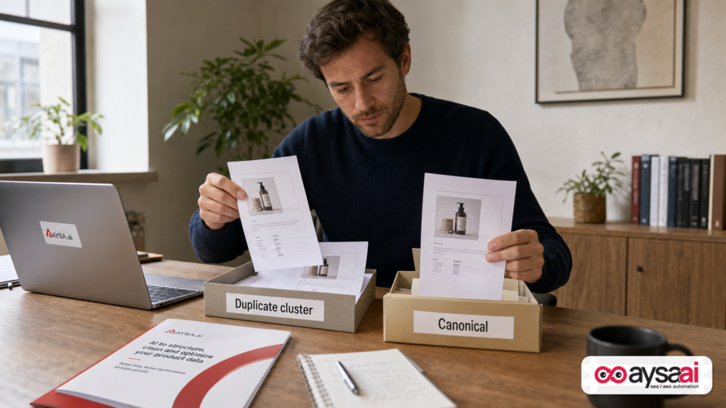 Printed pages being grouped into a duplicate cluster with one selected as the canonical.