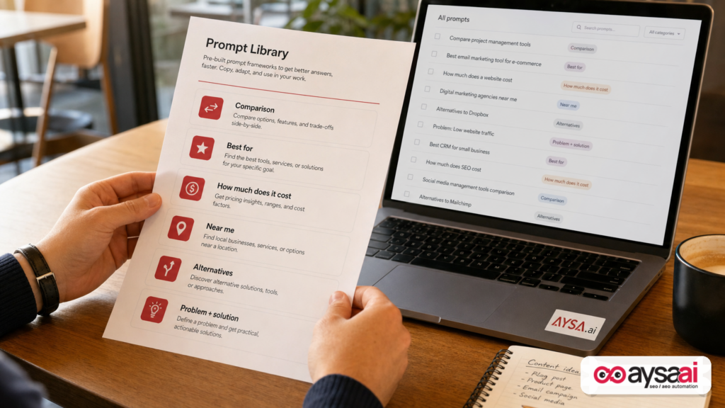 Printed prompt library with categories like comparisons, pricing, alternatives, and local intent.
