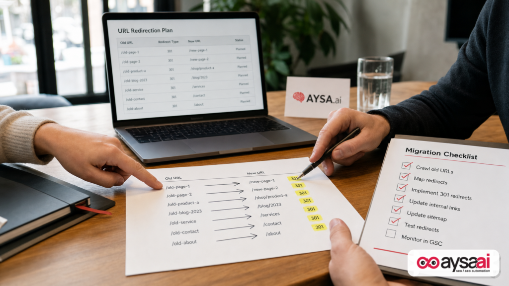 Printed redirect mapping and checklist being reviewed before a technical SEO launch.
