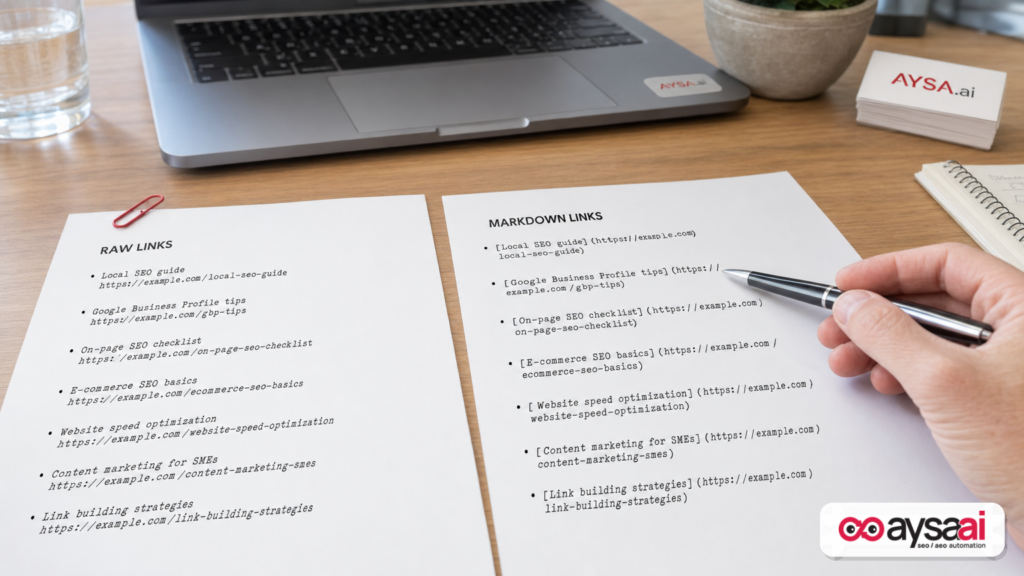 Printed side-by-side example of plain-text links versus markdown links used in llms.txt.