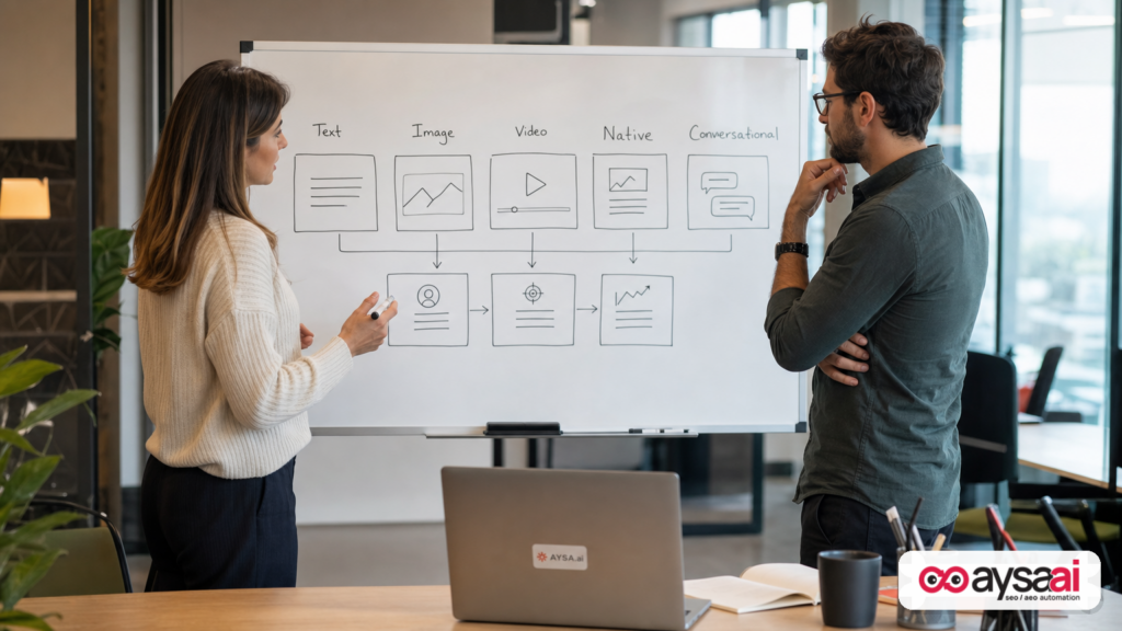 Product and engineering team mapping ad format components for AI chat interfaces on a whiteboard.