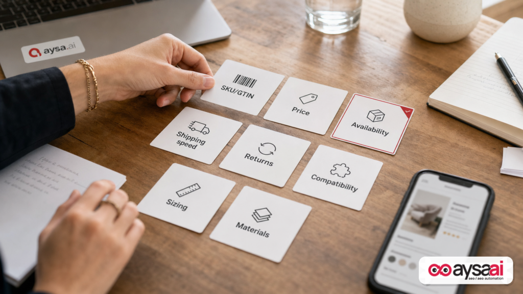Product attribute cards laid out to represent the structured data AI needs for shopping decisions.