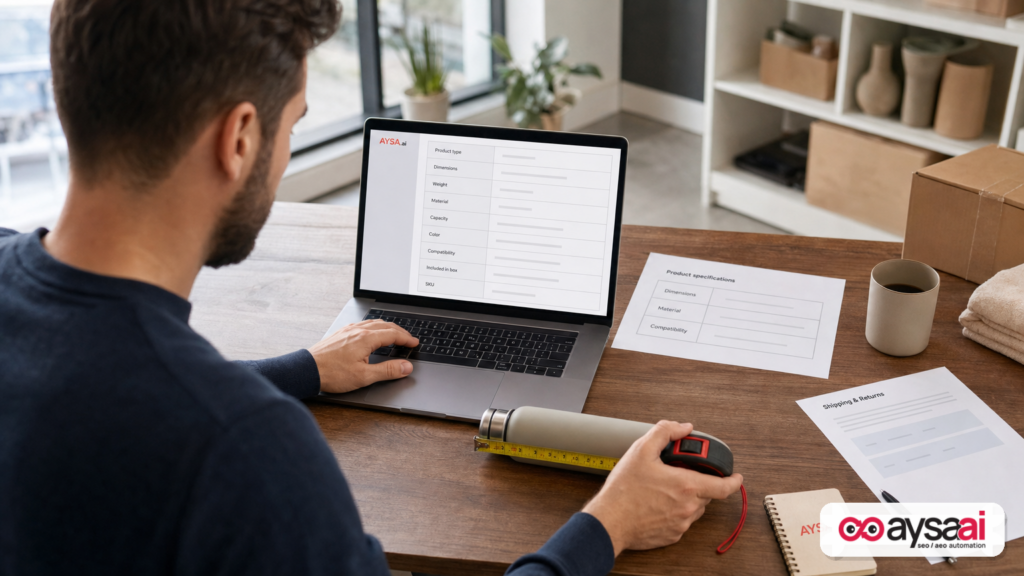 Product manager building a clear specification table and shipping and returns page content for an ecommerce product.