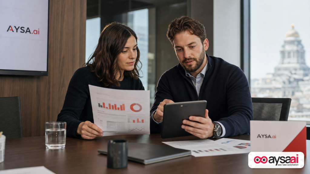 Professionals reviewing a policy-style briefing about search and AI data sharing in a modern meeting room.