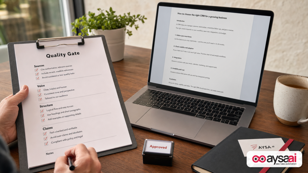 Quality gate checklist for AI content with an approval stamp