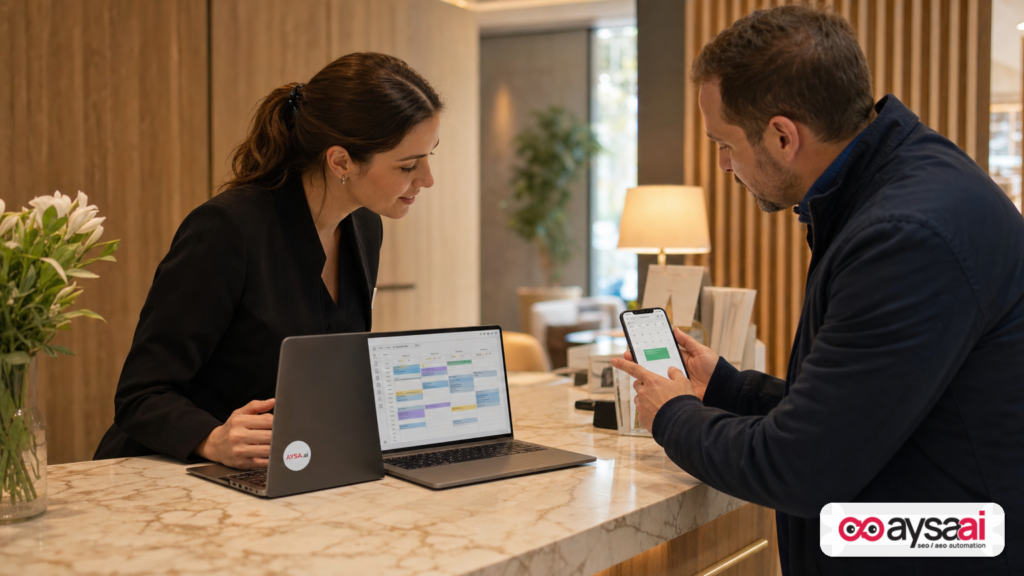 Reception staff and customer reviewing availability and schedule, illustrating AI-driven booking decisions.