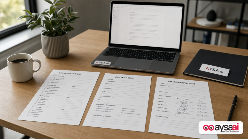 SEO execution materials on a desk: audit checklist, content brief, and change approval sheet.