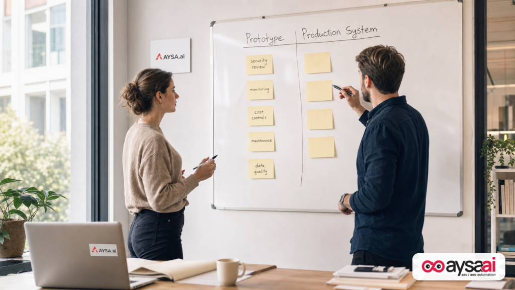 SEO lead and product manager comparing prototype versus production SEO automation requirements on a whiteboard.