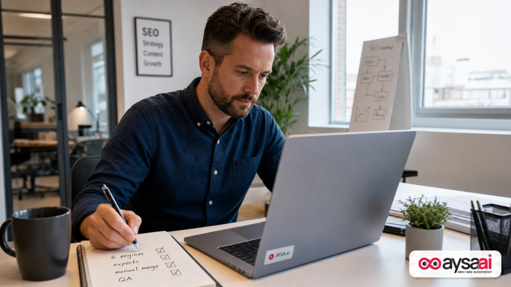 SEO lead consolidating cross-engine AI citation data manually with a notebook checklist.