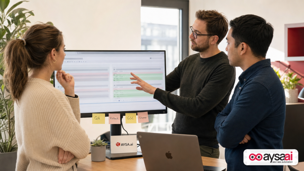 SEO, product, and engineering team collaborating on a release plan for technical SEO changes.