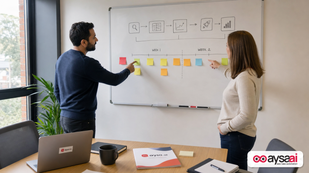 SEO team reviewing a two-week canonicalization workflow on a whiteboard
