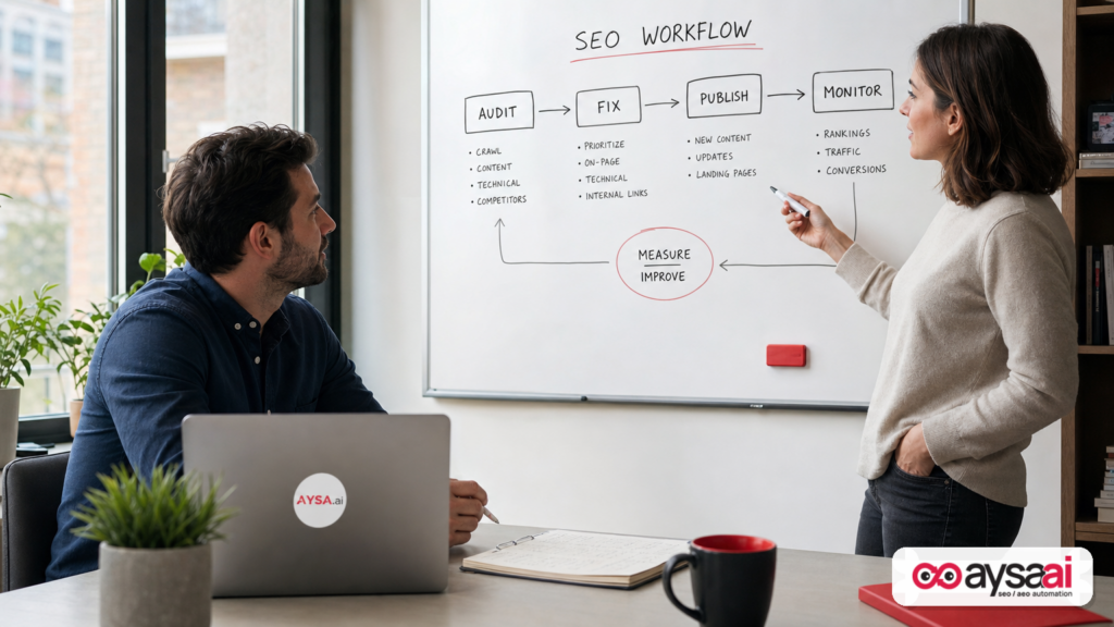 SEO workflow map being reviewed by an owner and SEO lead
