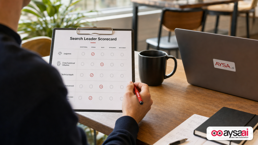 Search leader hiring scorecard focused on judgment and cross-functional impact.